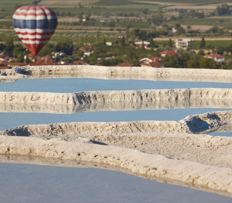 Pamukkale white mineral limestone natural pools. Geology landmark in Turkey